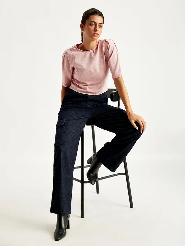 Warm Wear Women's High Rise Baggy Fit Navy Cargo Jeans