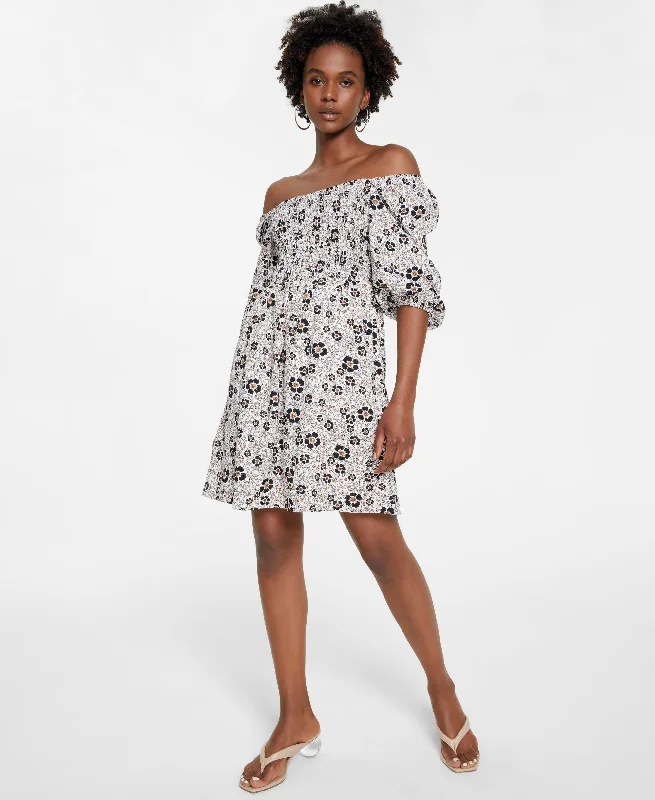 Parkas Style Bar III Womens Floral Print Smocked Fit & Flare Dress
