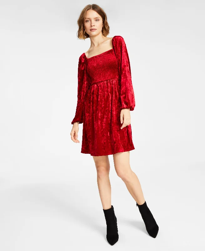Sporty Jackets Bar III Womens Velvet Smocked Long-Sleeve Dress
