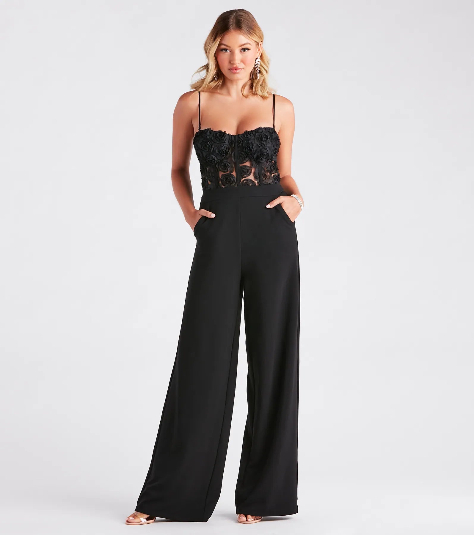 Stylish Apparel Bare Necessities Floral Applique Corset Jumpsuit