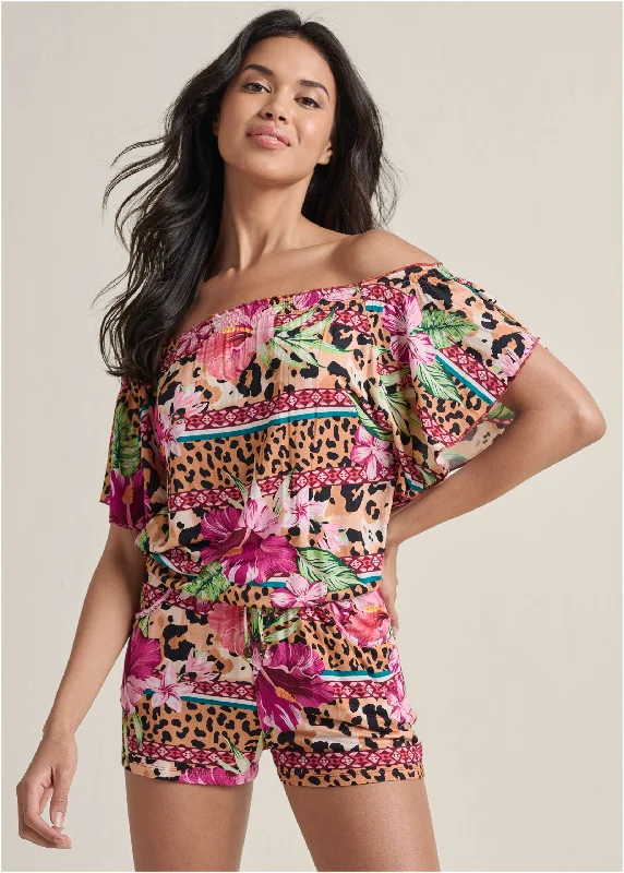 Printed Scarves Off-The-Shoulder Romper - Beige Multi
