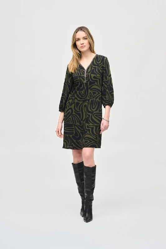 Sporty Looks Joseph Ribkoff Black Green Woven Abstract Print A-Line Dress