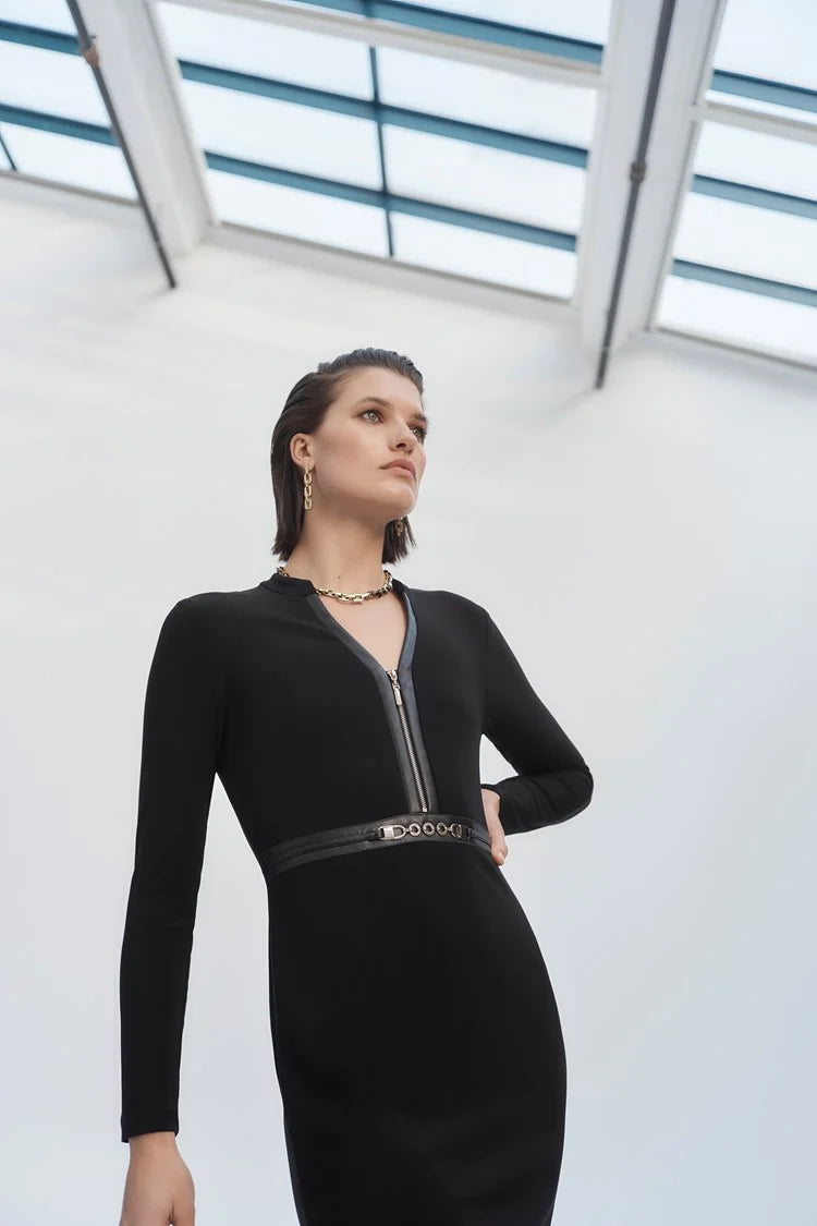 Versatile Knitwear Joseph Ribkoff Black Silky Knit and Leatherette Sheath Dress