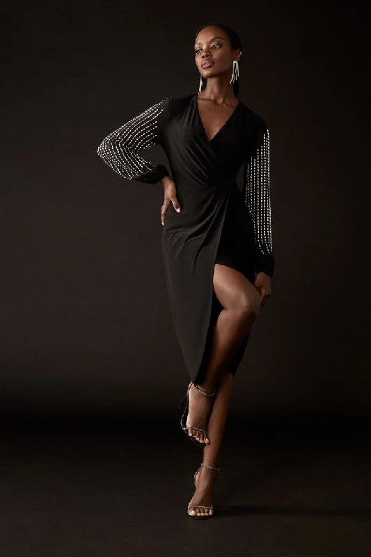 Tailored Comfort Joseph Ribkoff Black Silky Knit And Chiffon Wrap Dress