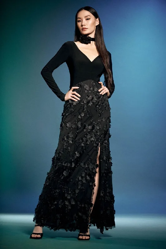 Fashion Basics Joseph Ribkoff Black Silky Knit With Embroidered Flower Gown