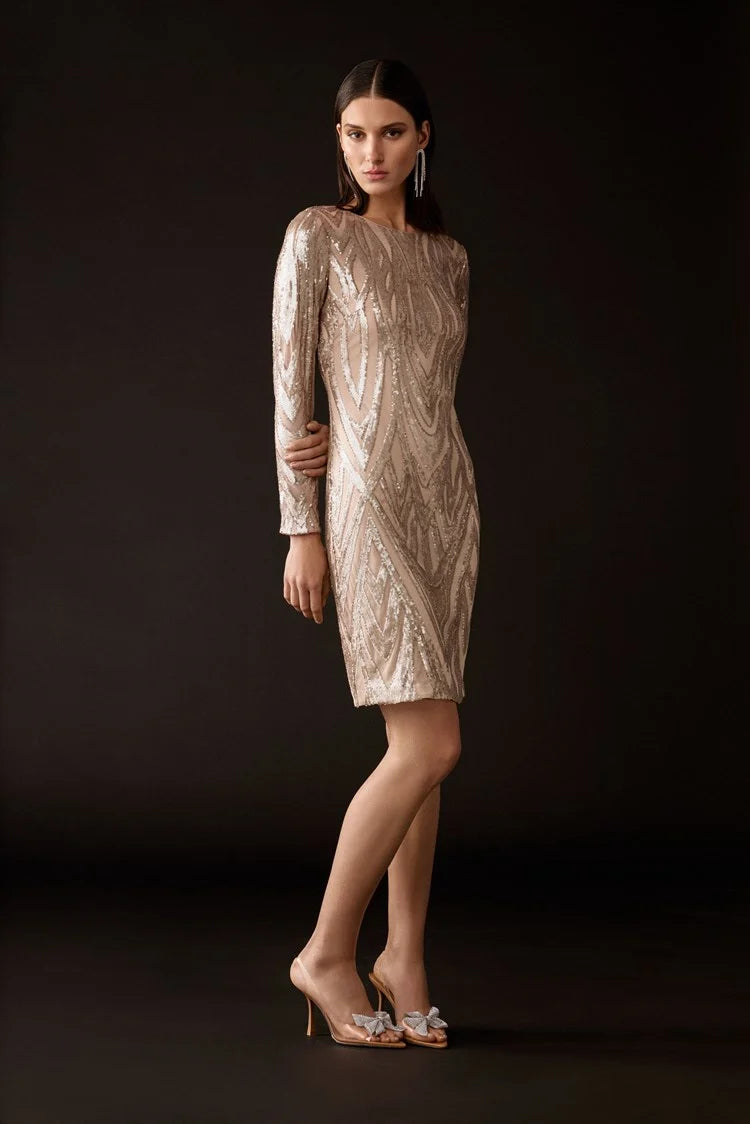 Classic Coats Joseph Ribkoff Matte Gold Placement Sequins Sheath Dress