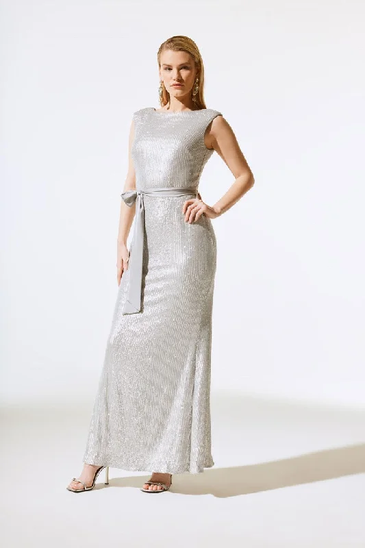 Winter Boots Joseph Ribkoff Silver Sequined Gown With Satin Sash