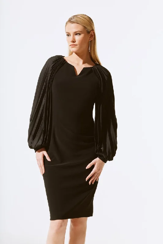 Jogging Suits Joseph Ribkoff Black Silky Knit Dress With Pleated Satin Sleeves