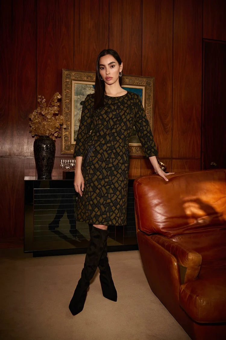 Effortless Gear Joseph Ribkoff Olive/Blacjk Jacquard Knit Straight Dress