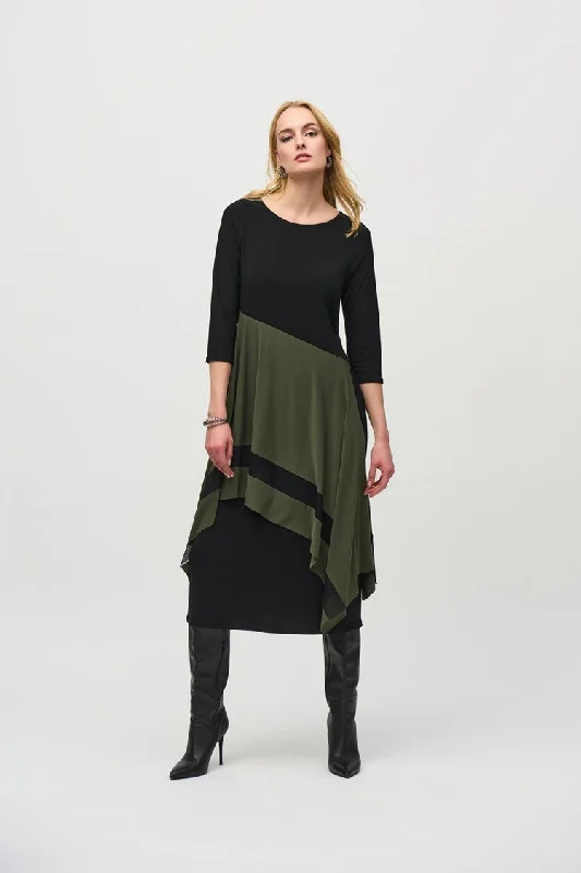 Smart Casual Wear Joseph Ribkoff Black/Iguana Silky Knit Colour Block Handkerchief Dress