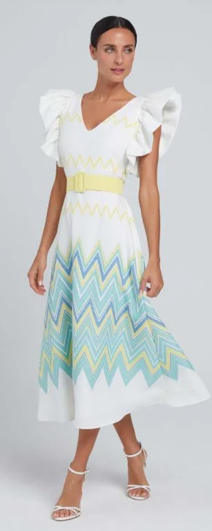 Warm Essentials Laura Bernal White Belted Arm Frill Midi Dress