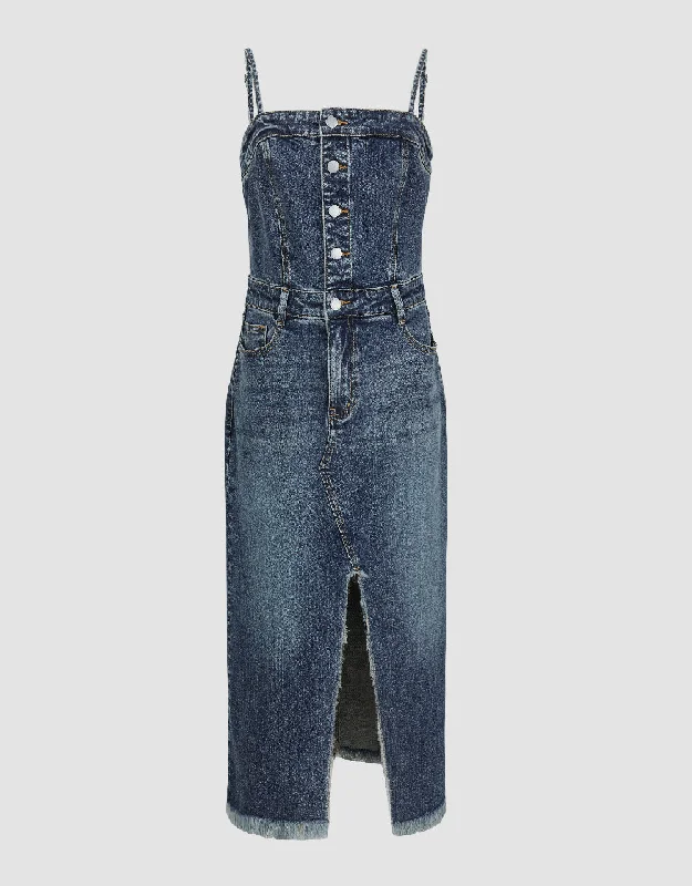 Wool Pants Raw Hem Off-Shoulder Denim Cami Dress