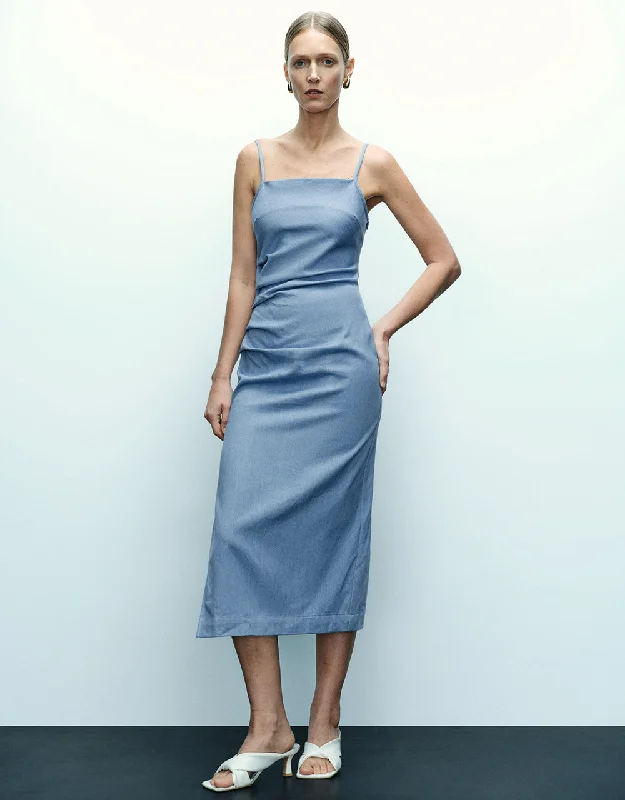 Business Attire Ruched Off-Shoulder Cami Denim Dress