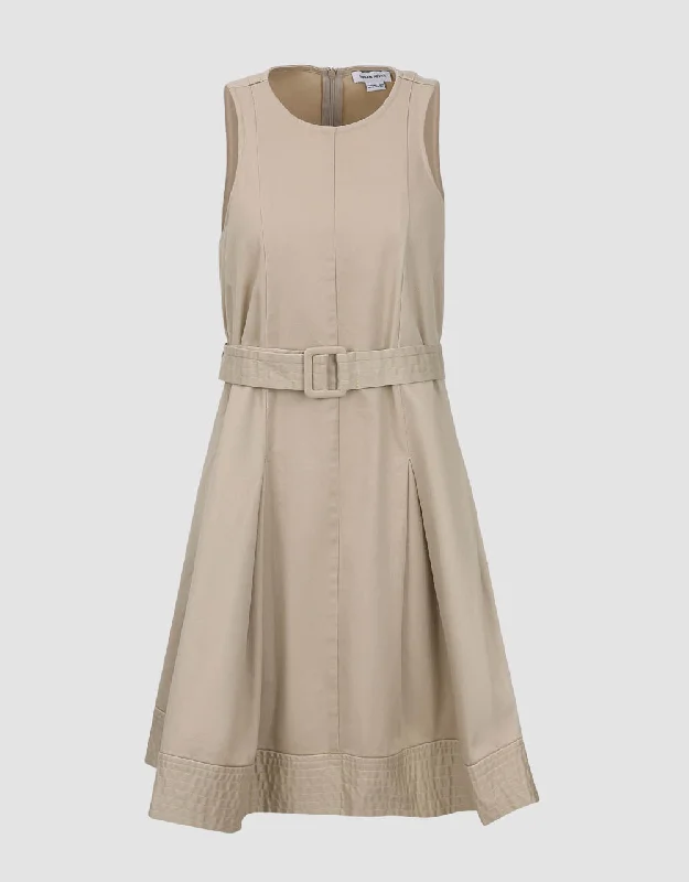 Cool Streetwear Sleeveless Crew Neck A-Line Dress With Belt