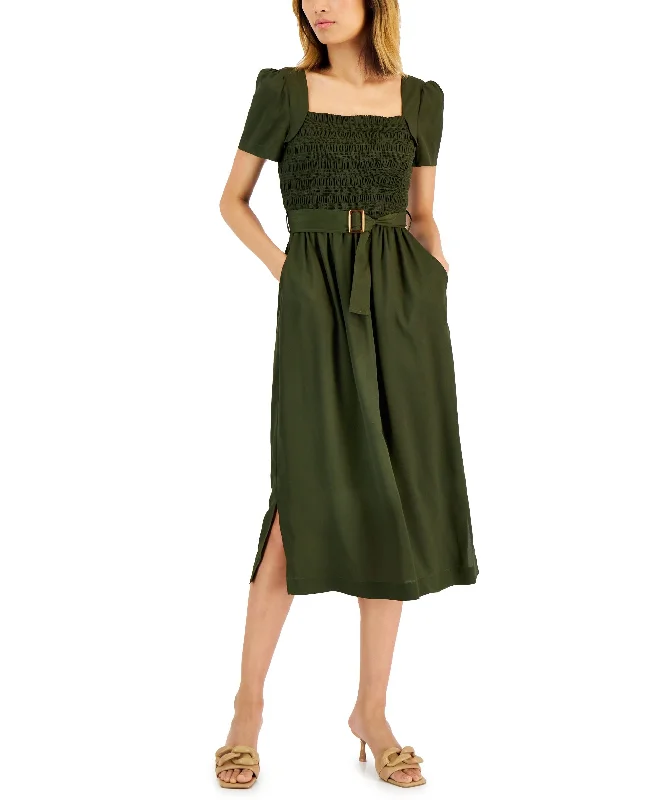 Workwear Jackets Tahari Asl Womens Smocked Top Belted Midi Dress
