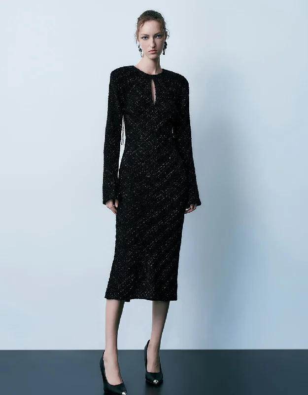 Designer Gloves Tweed Raglan Sleeve Crew Neck Straight Dress