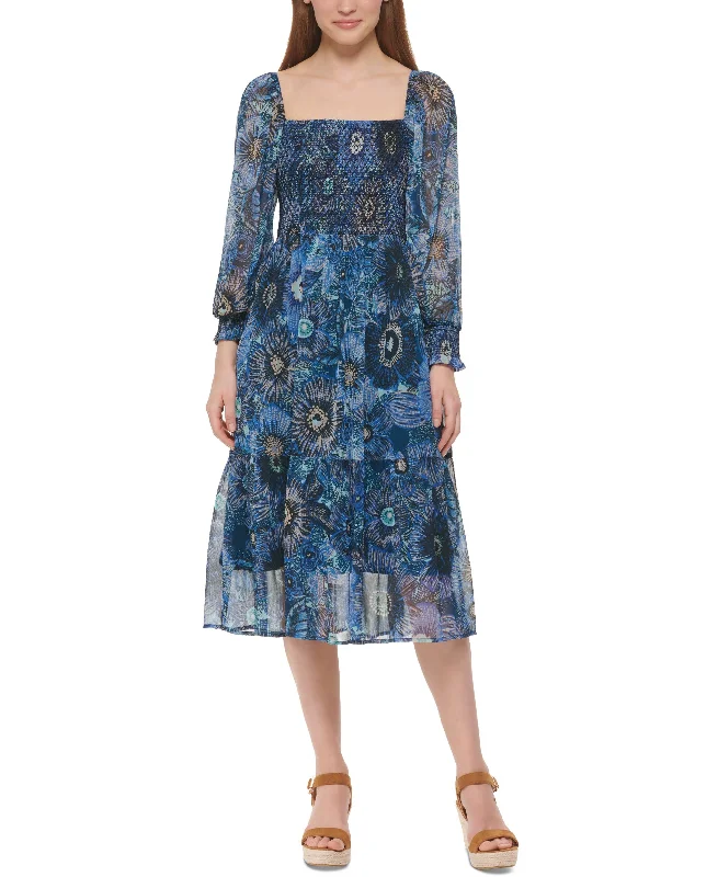 Simple Outfits Vince Camuto Womens Floral Print Smocked Midi Dress
