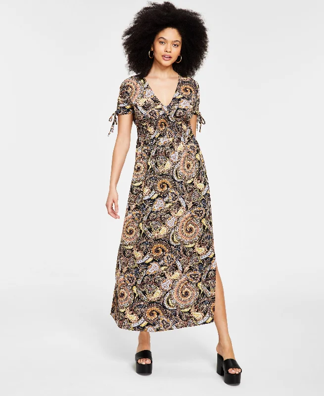 Long Trench Coats Women's Paisley-Print V-Neck Maxi Dress