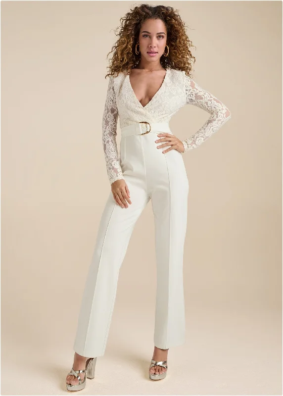 Casual Footwear Lace V-Neck Belted Jumpsuit - White