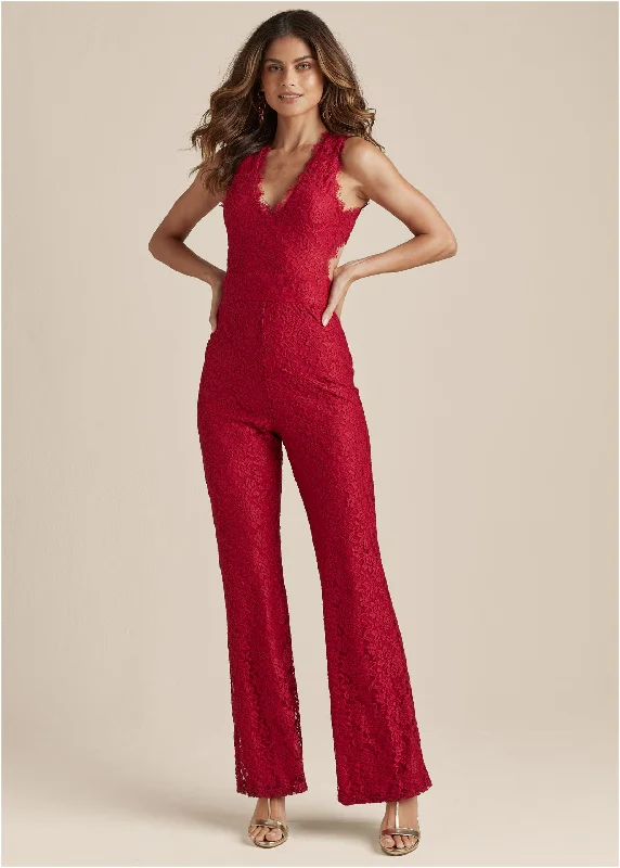 Comfortable Layers Open Back Lace Jumpsuit - Red