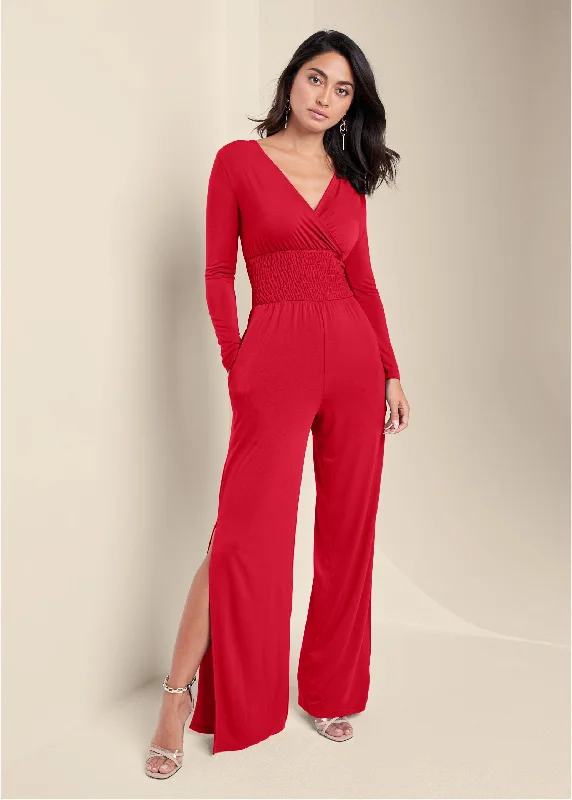 Street Shorts Smocked Waist Jumpsuit - Red