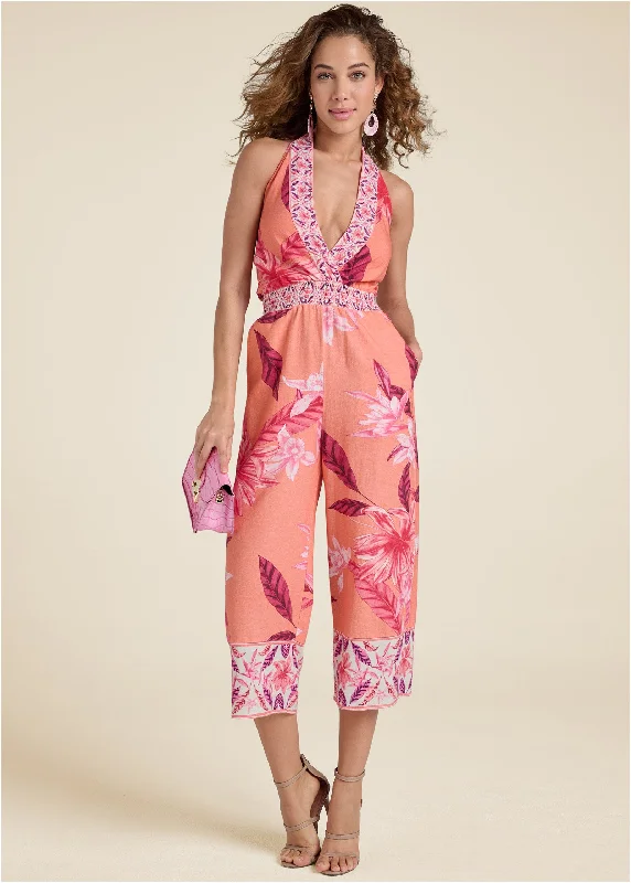 Laid-Back Style Strawberry Floral Jumpsuit - Pink Multi