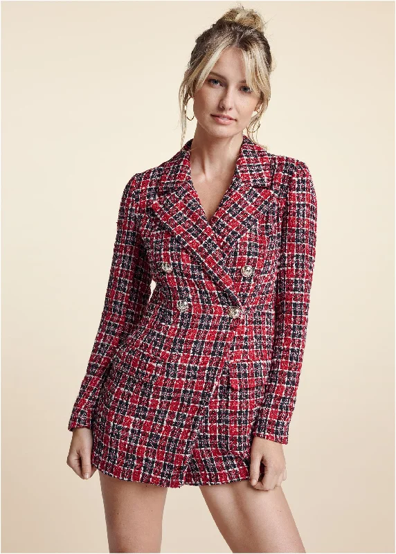 Casual Suits Tweed Button Detail Romper - Red & Black