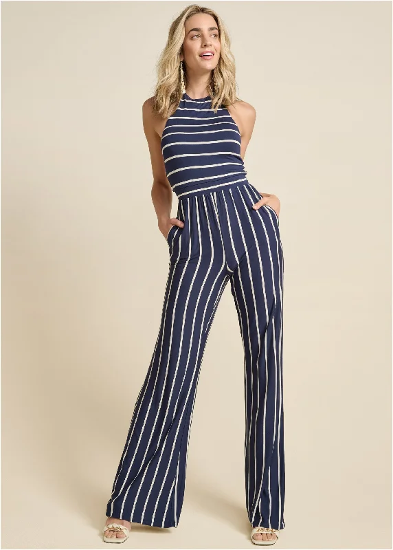 Cool Hoodies Striped Halter Jumpsuit  - Navy & White