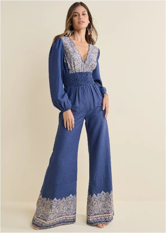 Casual Layers Printed Wide Leg Jumpsuit - Blue Multi