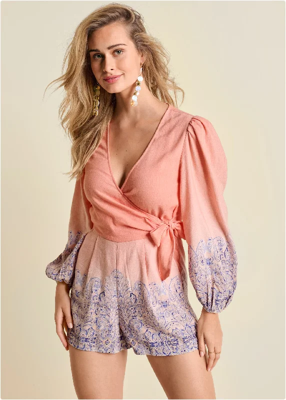 Printed Sweatshirts Linen Printed Romper  - Blush Multi