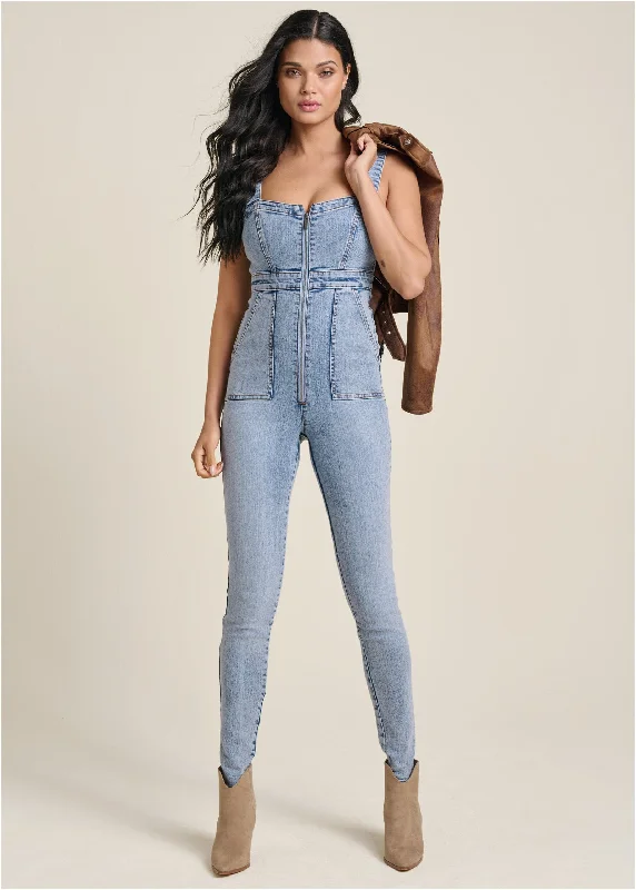 Street Hoodies Zip-Front Denim Jumpsuit - Acid Wash