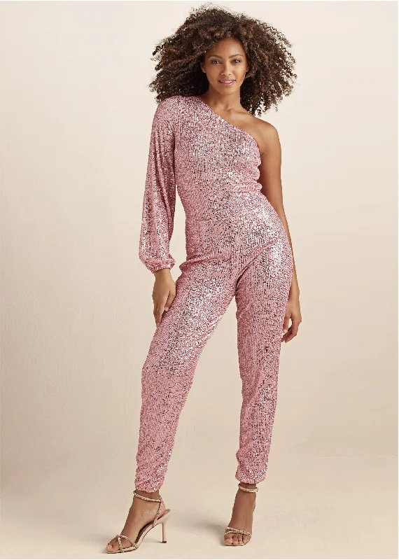 Smart Outfits Sequin One-Shoulder Jumpsuit - Peach