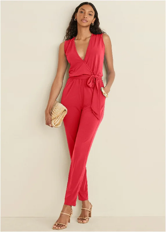 Cool Boots Wrap Tie Jumpsuit - Red