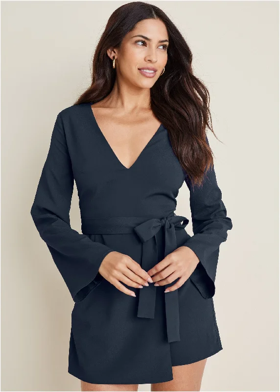 Cozy Fit Long-Sleeve Skort Romper - Navy