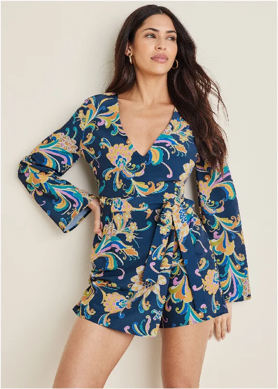Bold Prints Long-Sleeve Skort Romper - Mystic Jacobean