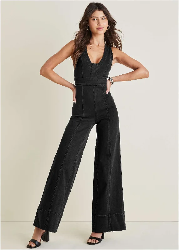 Button-down Shirts Stretch Denim Jumpsuit - Black Wash