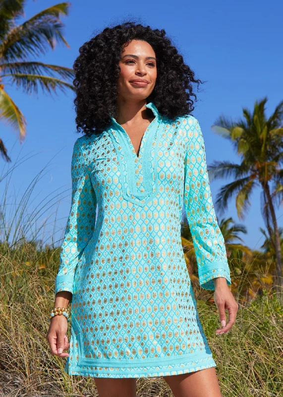 Fashion Vests Aqua Metallic Tunic Dress