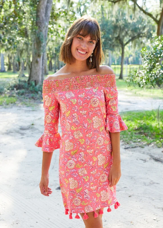 Stylish Layers Coral Metallic Off the Shoulder Dress