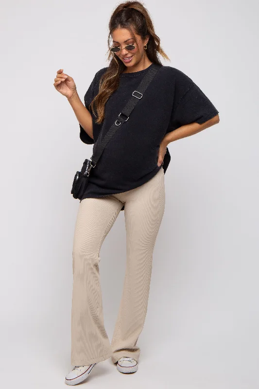 Relaxed Looks Cream Ribbed Maternity Flared Leggings