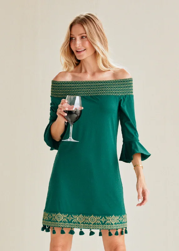 Sporty Blazers Emerald Metallic Embroidered Off The Shoulder Dress