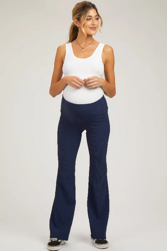 Sporty Look Navy Blue Ribbed Maternity Flared Leggings