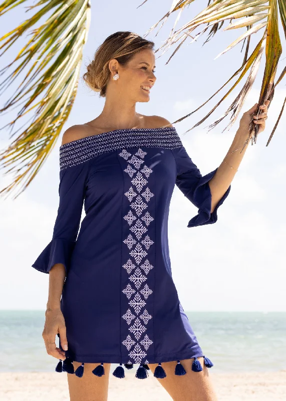 Sporty Styles Navy Embroidered Off The Shoulder Dress