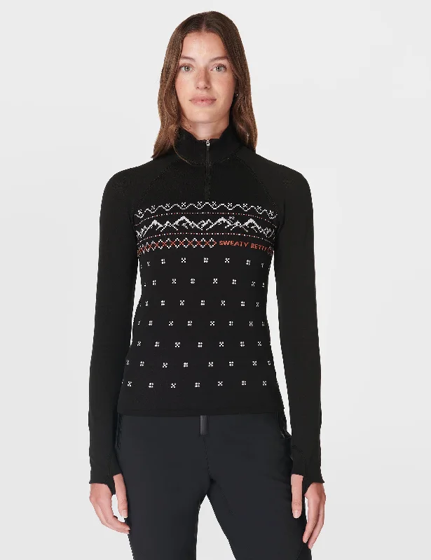 Preppy Pants Alpine Betty Half Zip Base Layer Top - Black Alpine Betty Jacquard