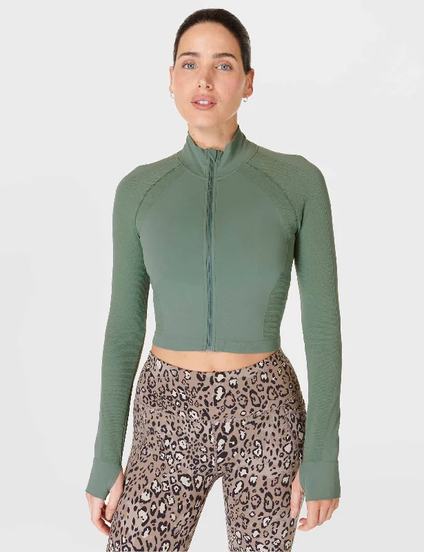 Sweater Vest Athlete Crop Seamless Gym Zip Up - Cool Forest Green