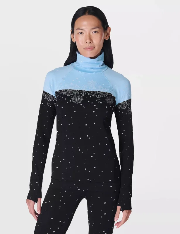 Designer Gloves Snowflake Funnel Neck Base Layer Top - Blue Snowflake Jacquard