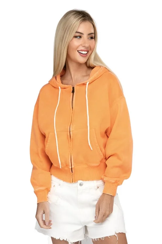 Functional Tops Acid Wash Fleece Cropped Zip-Up Hoodie by Zenana