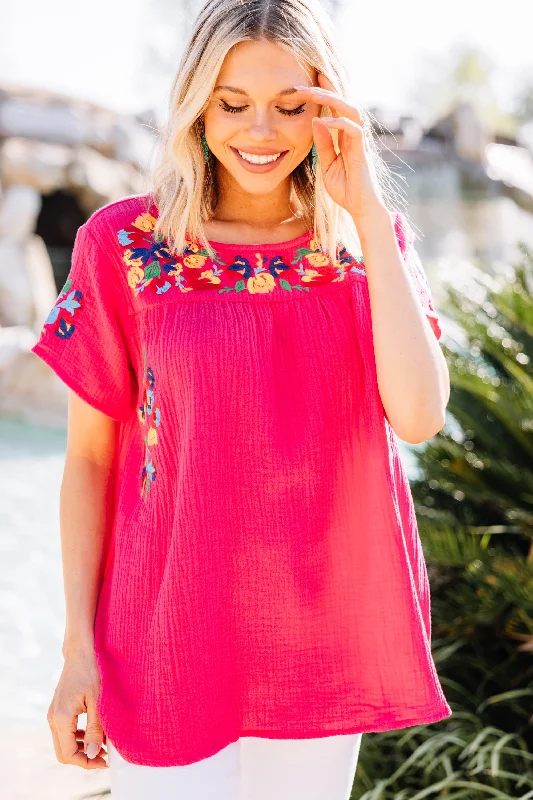 Stylish Sweaters Another Trip Taken Fuchsia Pink Embroidered Top