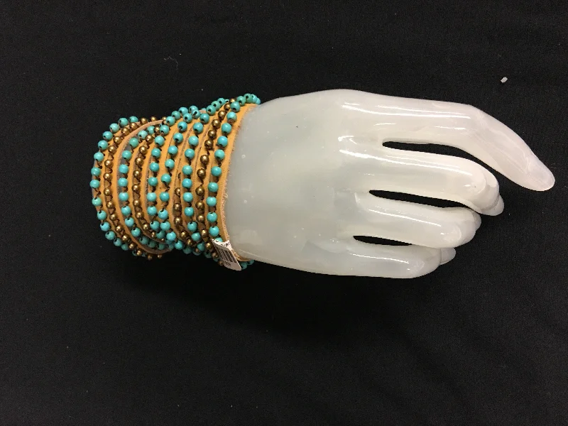 Smart Casual Wear Bali Queen Five Strand Leather Wrap Bracelet Tan/Turquoise