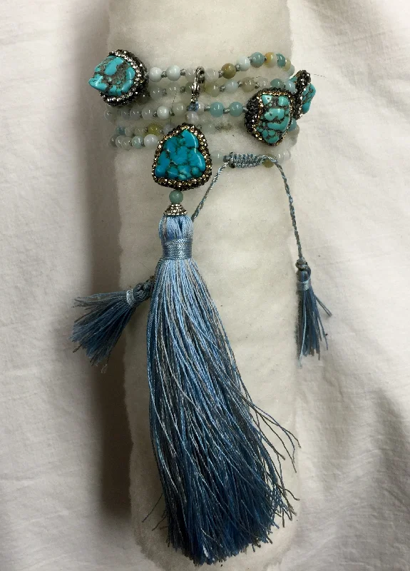 Trendy Basics Blue Agate and Multi Piece Turquoise Long Tassel Necklace