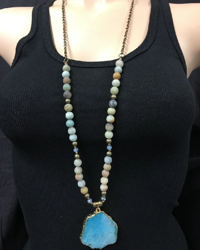 Slim Trousers Blue Druzy Necklace, Amazonite stones on brass chain